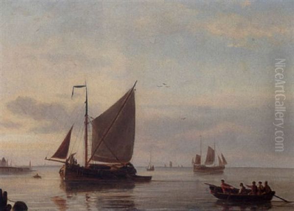 A Calm Dutch Estuary With Sailing Boats And Fishermen Oil Painting by Pieter Cornelis Dommershuijzen