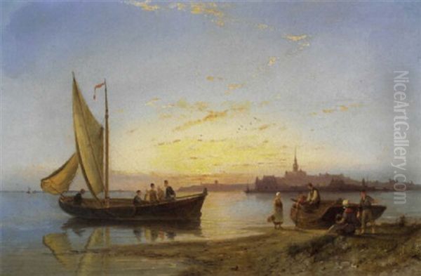 A Dutch River Scene With Figures And Boats At Sunset Oil Painting by Pieter Cornelis Dommershuijzen