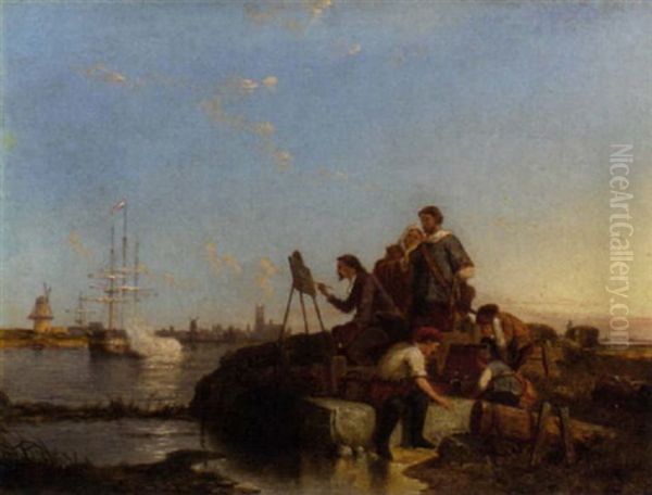 The Artist Painting A Dutch Warship From The Banks Of An Estuary Oil Painting by Pieter Cornelis Dommershuijzen