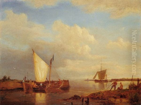 Zeilschepen Op Een Kalme Riviermond Oil Painting by Pieter Cornelis Dommershuijzen