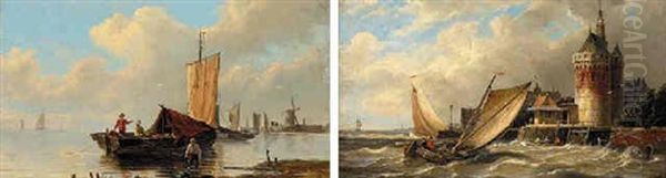 Boats Off A Dutch Port In A Stormy Sea Oil Painting by Pieter Cornelis Dommershuijzen