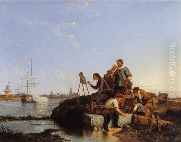 Artist At His Easel With Shipping Beyond Oil Painting by Pieter Cornelis Dommershuijzen