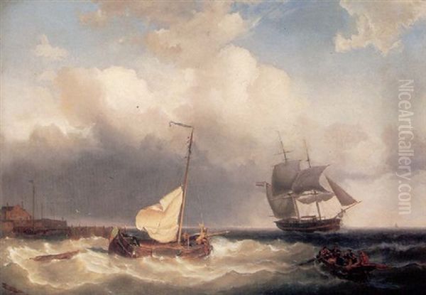 Boats Off The Dutch Coast Under A Threatening Sky Oil Painting by Pieter Cornelis Dommershuijzen