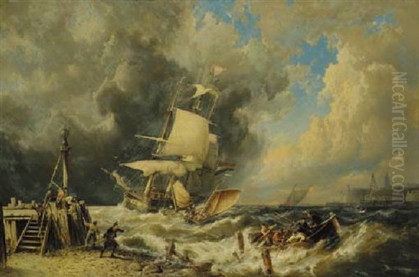 Shipping In Stormy Weather Oil Painting by Pieter Cornelis Dommershuijzen