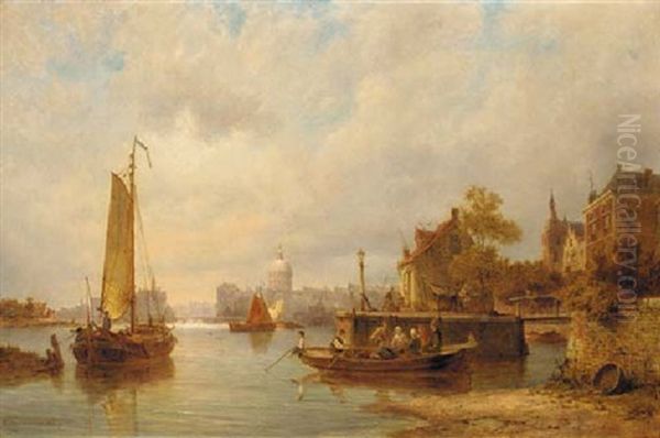 Barges On A River Near A Town In Summer by Pieter Cornelis Dommershuijzen