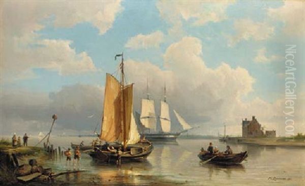 A River Estuary With Fishermen Unloading The Catch With A Two-master Beyond by Pieter Cornelis Dommershuijzen