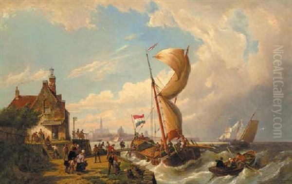 Passengers Boarding A Barge At The Goeser Veerhuis With Goes In The Distance Oil Painting by Pieter Cornelis Dommershuijzen