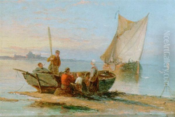 Figures By A Fishing Boat In A Bay Oil Painting by Pieter Cornelis Dommershuijzen