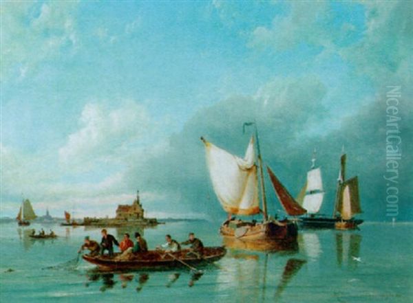 Fishermen In An Estuary Oil Painting by Pieter Cornelis Dommershuijzen