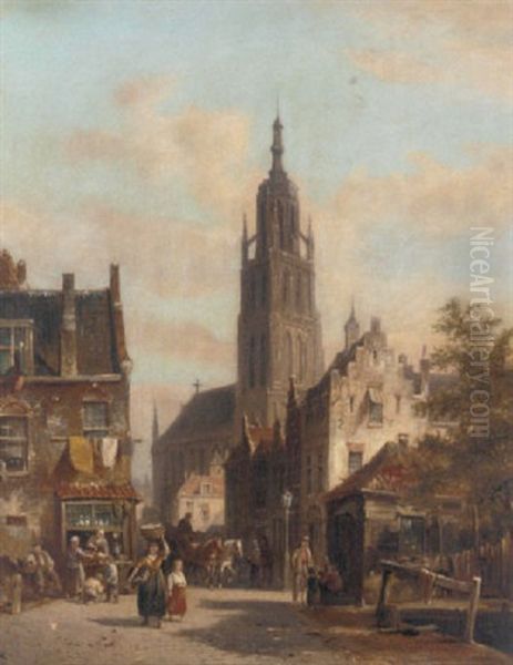 A Dutch Town Oil Painting by Pieter Cornelis Dommershuijzen