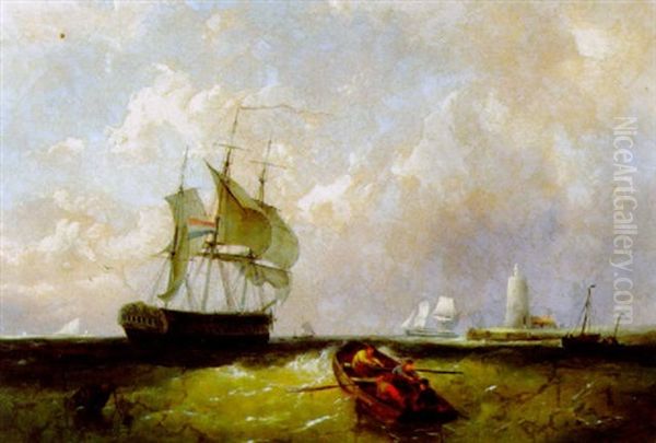 Segelschiffe Vor Einer Hafeneinfahrt Oil Painting by Pieter Cornelis Dommershuijzen