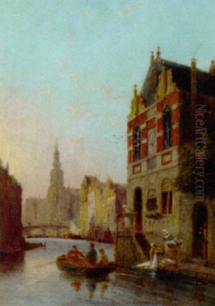 On A Canal, Amsterdam Oil Painting by Pieter Cornelis Dommershuijzen