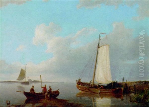 Barges On The Scheldt Oil Painting by Pieter Cornelis Dommershuijzen