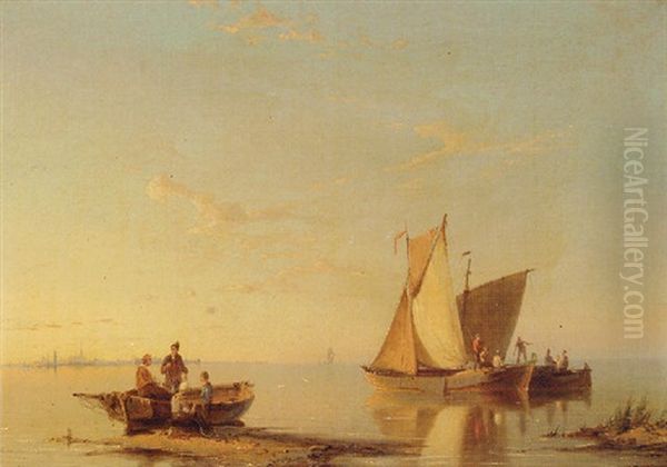 Dutch Fishing Boats On The Maas Oil Painting by Pieter Cornelis Dommershuijzen