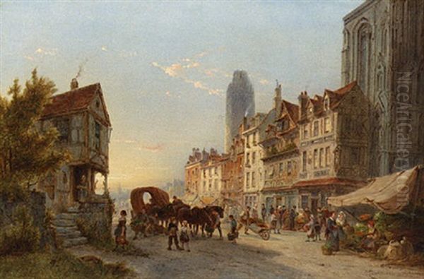 A Busy Street, Rouen, France Oil Painting by Pieter Cornelis Dommershuijzen