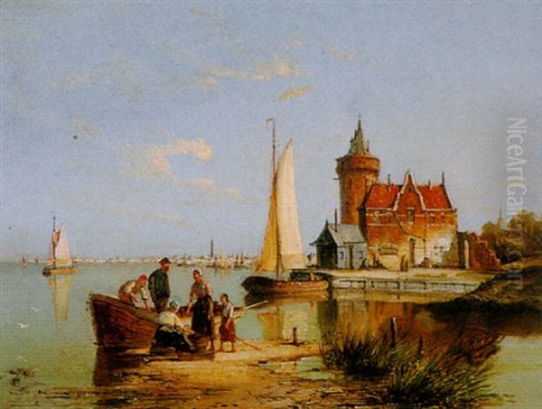 Figures By A Boat In A Bay Oil Painting by Pieter Cornelis Dommershuijzen