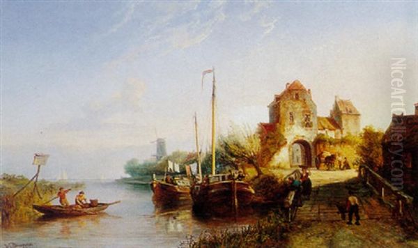 A Summer Landscape With Shipping On A River Oil Painting by Pieter Cornelis Dommershuijzen