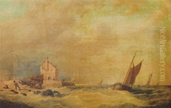 A Dutch Coastal Scene With Fishing Vessels Oil Painting by Pieter Cornelis Dommershuijzen