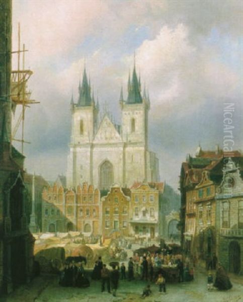 The Old Market Place At Prague Oil Painting by Pieter Cornelis Dommershuijzen