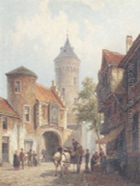 A Street In Brussels Oil Painting by Pieter Cornelis Dommershuijzen