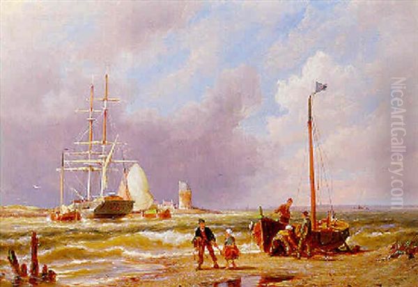 An Anchored Two-master In An Estuary, With A Storm Approaching Oil Painting by Pieter Cornelis Dommershuijzen