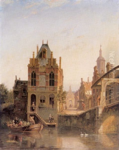 A View In A Dutch Town With Figures In A Boat Before A Bridge Oil Painting by Pieter Cornelis Dommershuijzen