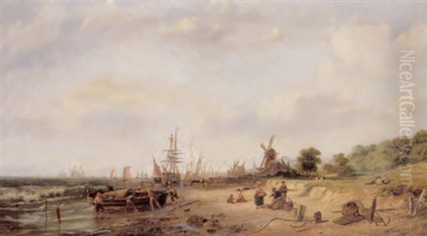 Fisherfolk On A Beach Before A Dutch Town Oil Painting by Pieter Cornelis Dommershuijzen