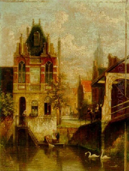 By The Canal, Ghent Oil Painting by Pieter Cornelis Dommershuijzen