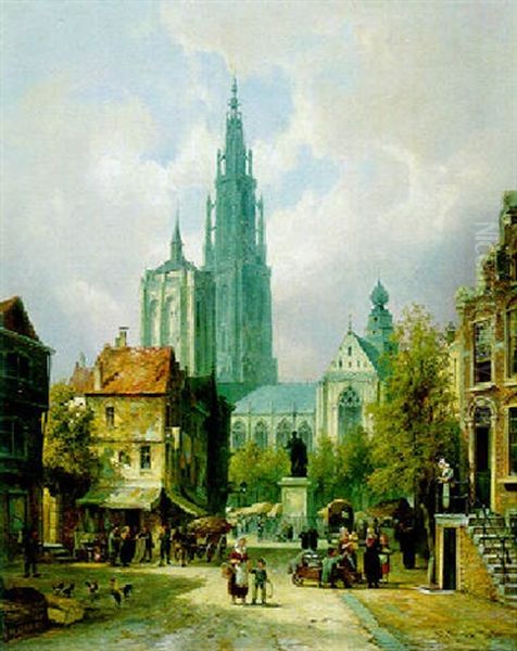 A Street Scene, Antwerp Oil Painting by Pieter Cornelis Dommershuijzen