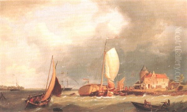 Ein Heuboot Und Andere Segel- Bzw. Ruderboote Vor Der Kuste Oil Painting by Pieter Cornelis Dommershuijzen