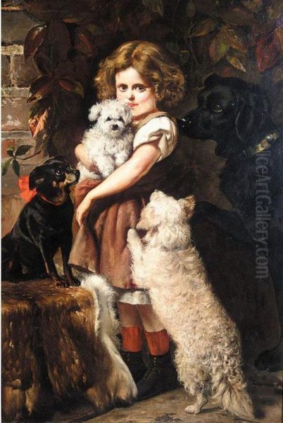 A Little Girl With A Labrador, An English Toy Terrier, A Bichon Frise And It's Puppy Oil Painting by Edith Arkwright