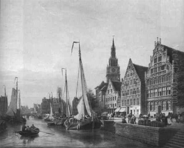 A Busy Canal, Amsterdam Oil Painting by Pieter Cornelis Dommershuijzen