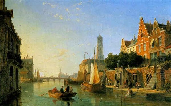 A River View, Utrecht Oil Painting by Pieter Cornelis Dommershuijzen