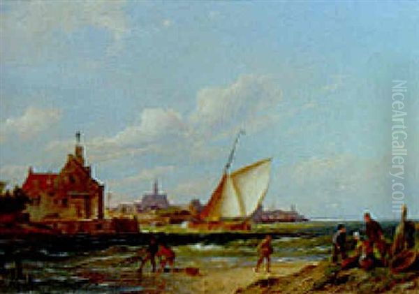 A Dutch Coastal Town Oil Painting by Pieter Cornelis Dommershuijzen