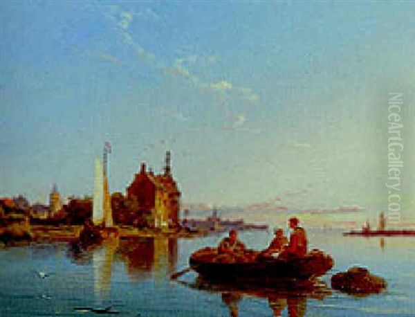 Fisherfolk Collecting Lobster Pots In An Estuary Oil Painting by Pieter Cornelis Dommershuijzen