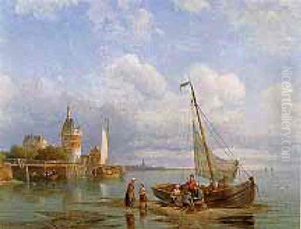 Shipping Off The Coast In A Stiff Breeze Oil Painting by Pieter Cornelis Dommershuijzen