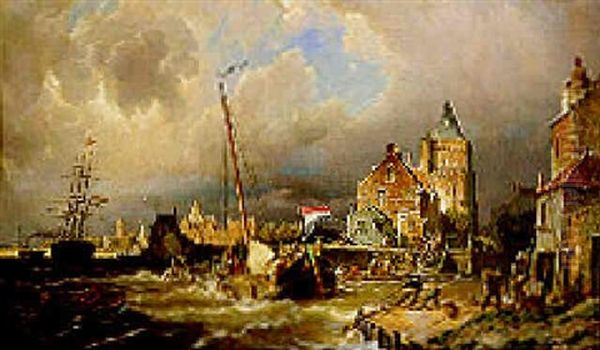 Dordrecht Harbour Oil Painting by Pieter Cornelis Dommershuijzen