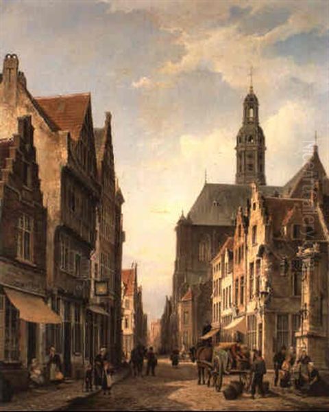 Figures In An Amsterdam Street Oil Painting by Pieter Cornelis Dommershuijzen