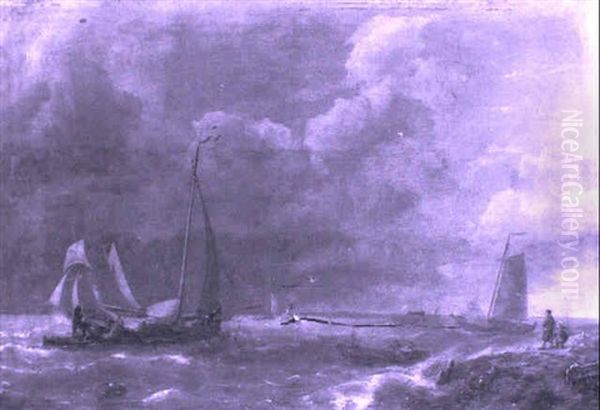 Fishing Pink And Other Shipping In A Stiff Breeze Off The Coast Oil Painting by Pieter Cornelis Dommershuijzen