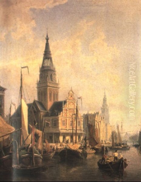 Dutch Waterfront With Figures And Boats Oil Painting by Pieter Cornelis Dommershuijzen