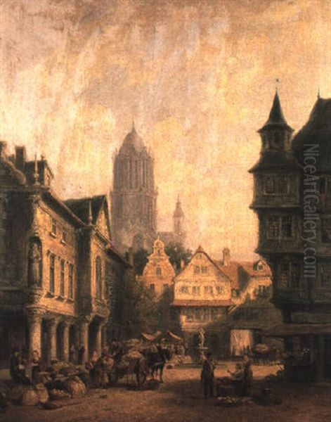 Busy Dutch Market Square Oil Painting by Pieter Cornelis Dommershuijzen