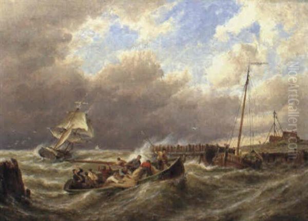 Fischerboote Im Sturm Vor Der Kuste Bei Vleeland Oil Painting by Pieter Cornelis Dommershuijzen