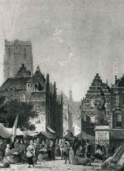 Figures On A Market Square In Rotterdam by Pieter Cornelis Dommershuijzen