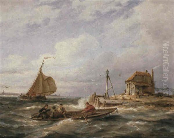 Sailors In A Rowing-boat Off A Jetty Oil Painting by Pieter Cornelis Dommershuijzen