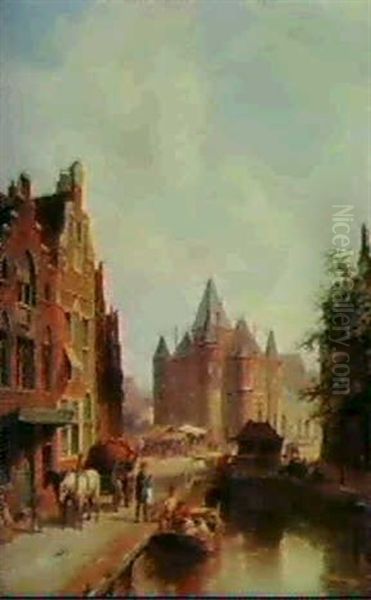 A Street Scene By A Canal Oil Painting by Pieter Cornelis Dommershuijzen