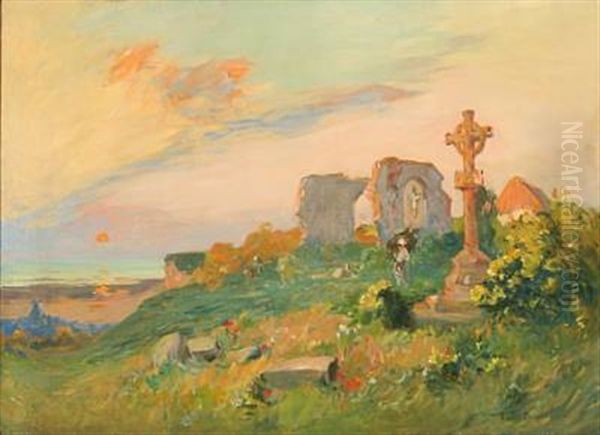 Landscape From Brittany At Sunset Oil Painting by Louis Domoulin