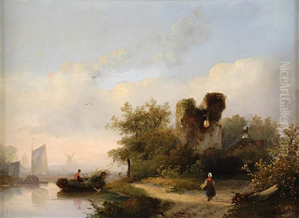 Fluslandschaft Mit Landvolk Und Burgruine Oil Painting by  Dona Johannes