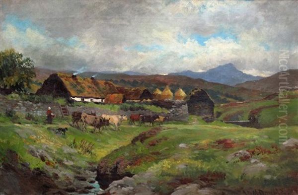 Highland Croft With Cattle By A Brook Oil Painting by John Milne Donald