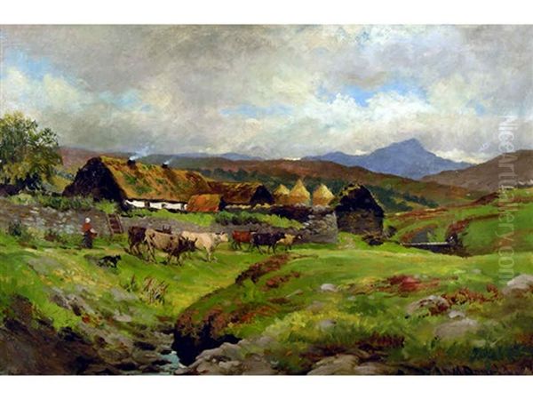 Untitled (highland Croft With Cattle By A Stream) Oil Painting by John Milne Donald