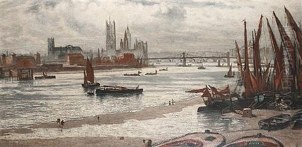 The Thames Towards Westminster; Waterloo Bridge; Pair) by Andrew Benjamin Donaldson